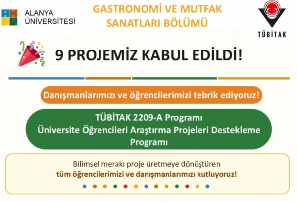 TÜBİTAK 2209-A Üniversite Öğrencileri Araştırma Projeleri Destekleme Programı kapsamında 9 projemiz kabul edildi!