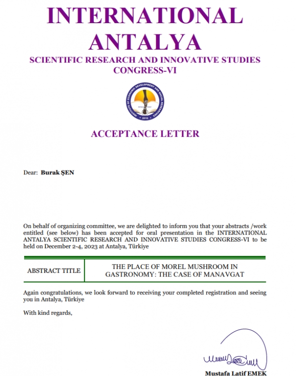 Yüksek lisans öğrencimiz Burak Şen, 2-4 Aralık 2023 tarihinde Antalya'da düzenlenen International Scientific Research And Innovative Studies Congress-VI'e sözlü bildiri sunumu ile katılım gösterdi.