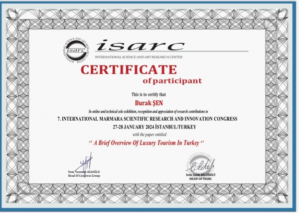 Yüksek lisans öğrencimiz Burak Şen, 27-28 Ocak 2024 tarihinde İstanbul'da düzenlenen 7. International Marmara Scientific Research and Innovation Congress'e sözlü bildiri sunumu ile katılım gösterdi.