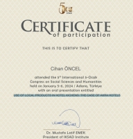Yüksek lisans öğrencimiz Cihan Öncel, 5-6 Ocak 2024 tarihinde Adana'da düzenlenen 5. International Social Sciences and Humanities Congress'e sözlü bildiri sunumu ile katılım gösterdi.